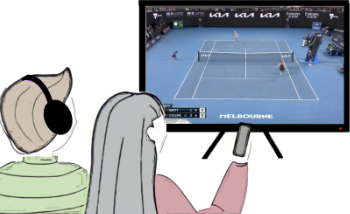 A blind person watching tennis broadcast on TV with a sighted friend.